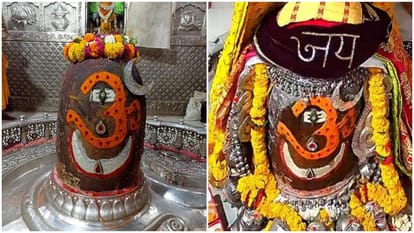 Ujjain Shri Mahakaleshwar Mandir Baba Mahakal decorated with Chandra Tripund and Om in Bhasmarti