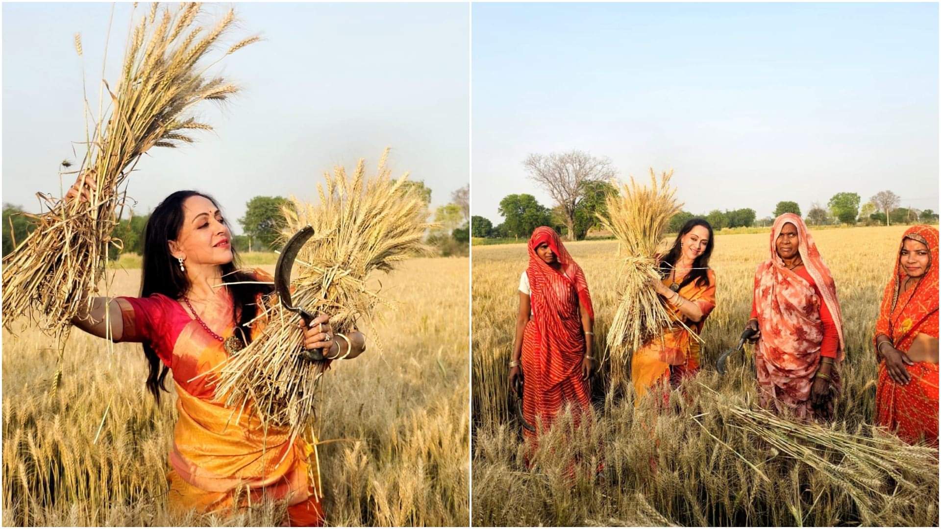 BJP MP and candidate of Mathura constituency Hema Malini meets farmers during poll campaign