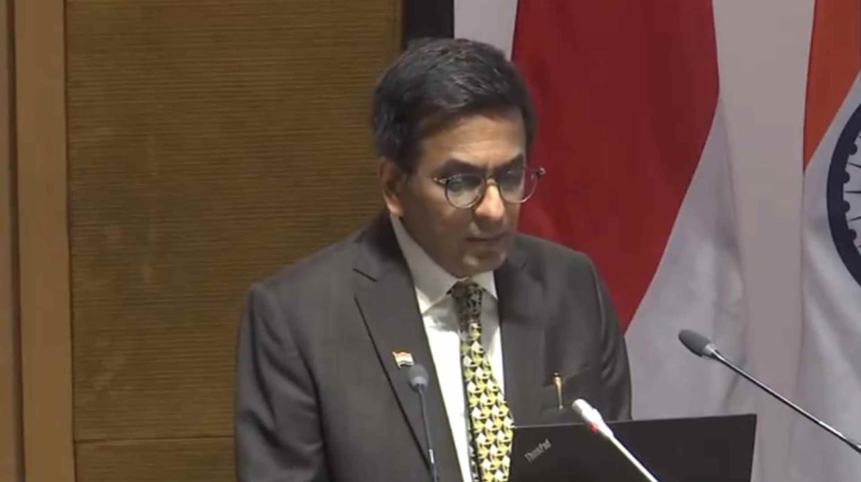 Chandrachud addressing conference on Technology and Dialogue between The Supreme Courts of India and Singapore