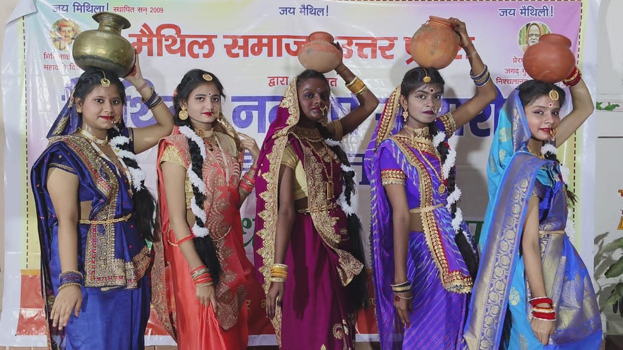 New Year celebrated by Maithil community folk dance Jhijhiya presented to wish for rain