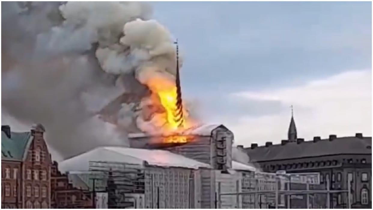 Denmark Copenhagen 17th century building Stock exchange Fire breaks out part of it falls news and updates