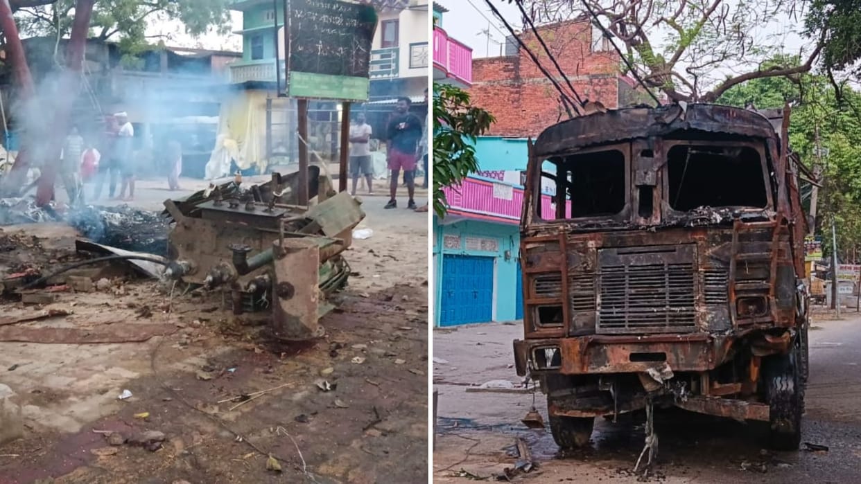 fire break out of Truck collides with transformer after hitting pole in mau