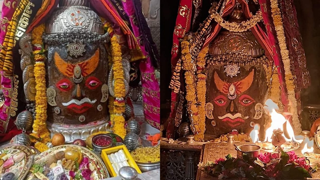 Baba Mahakal Ujjain Baba Mahakal decorated with ashes of Mahashtami sun and moon