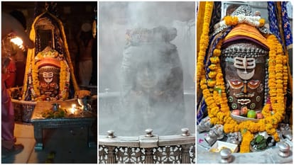Ujjain Mahakaleshwar Mandir Baba Mahakal decorated with Trinetra Tripund and Bhang in Bhasma Aarti