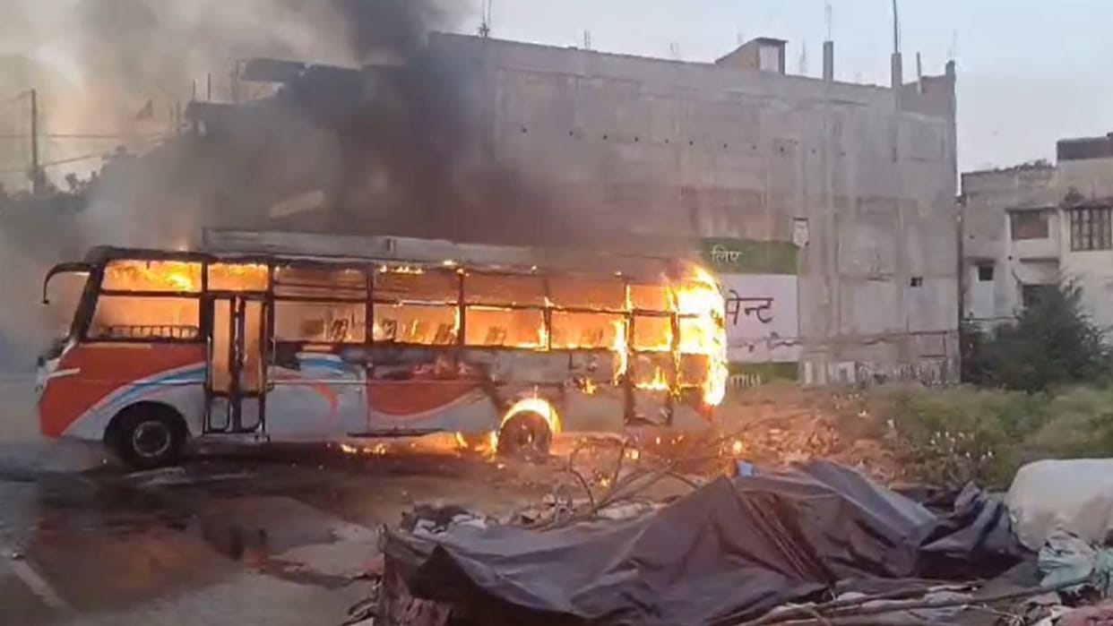 A sudden fire broke out in a parked bus and it burnt to ashes