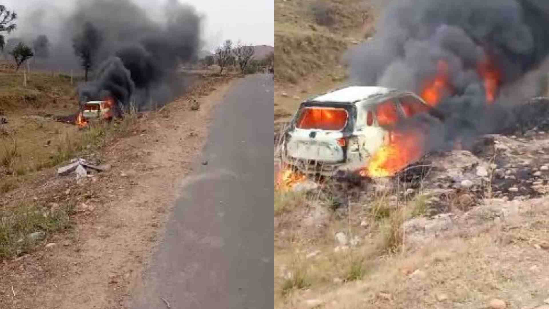 हादसे के बाद कार में लगी आग।