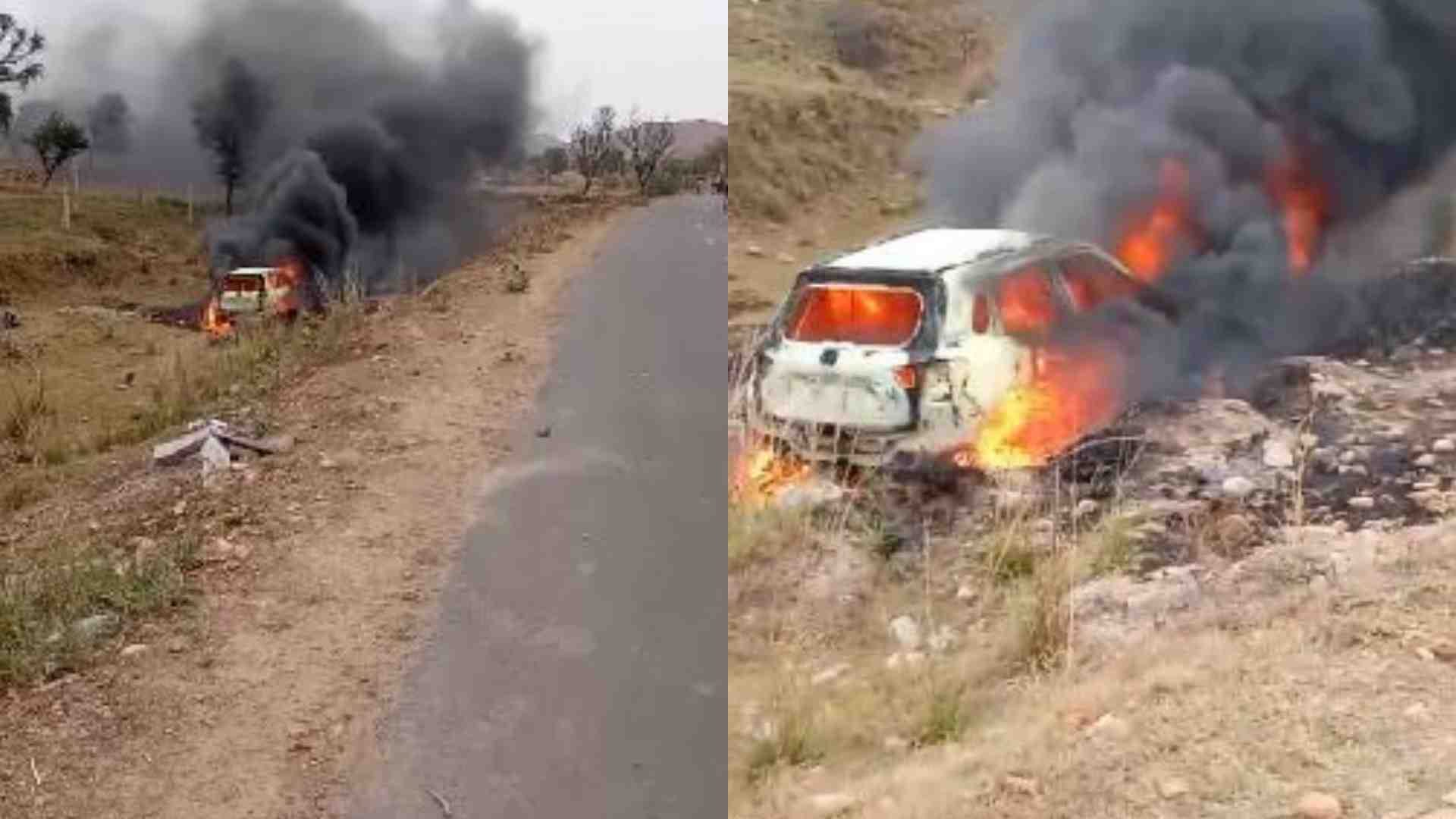 हादसे के बाद कार में लगी आग।