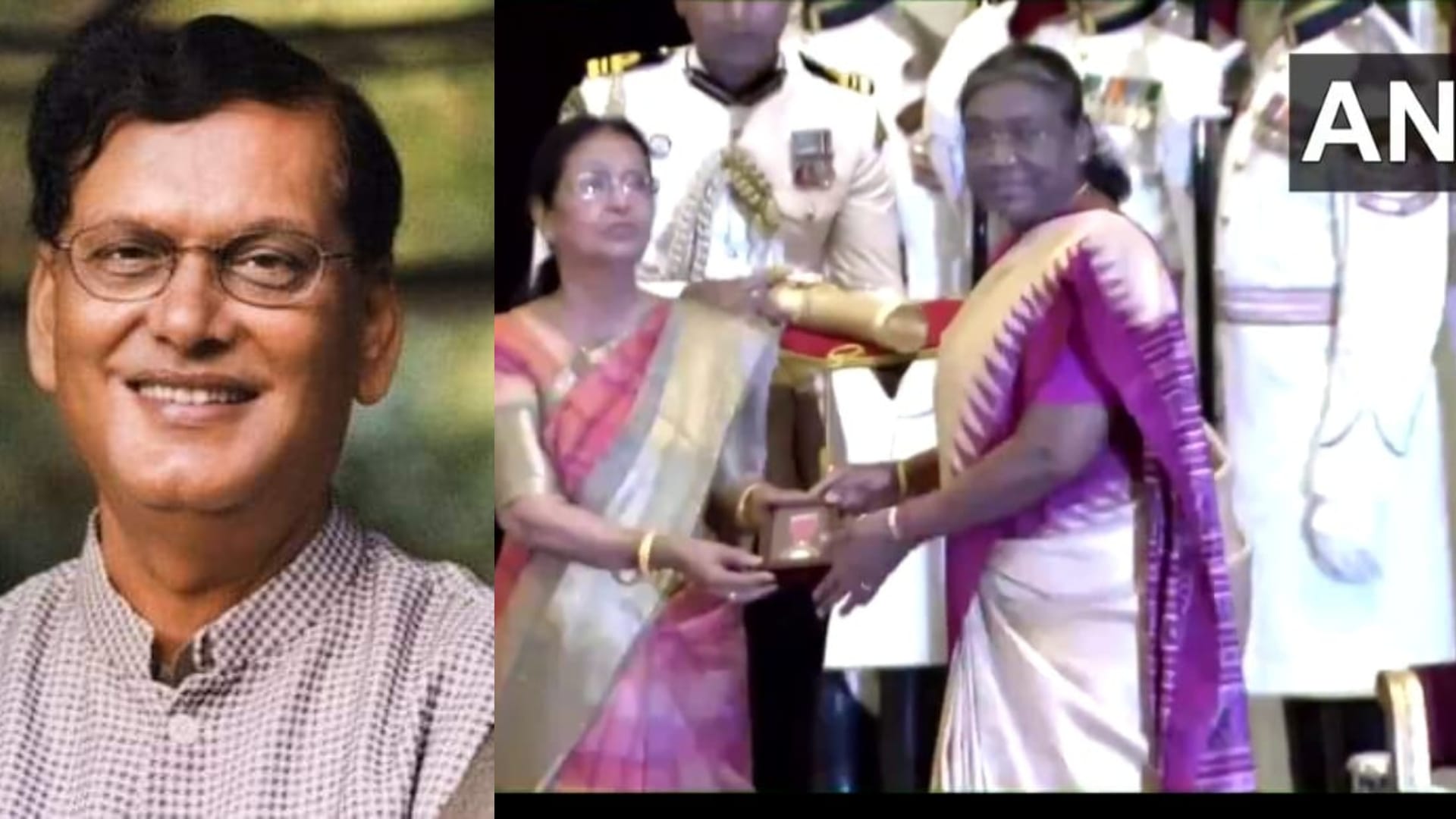बिन्देश्वर पाठक को पद्म विभूषण सम्मान, राष्ट्रपति से उनकी पत्नी अमोला पाठक पुरस्कार ग्रहण करती हुई।