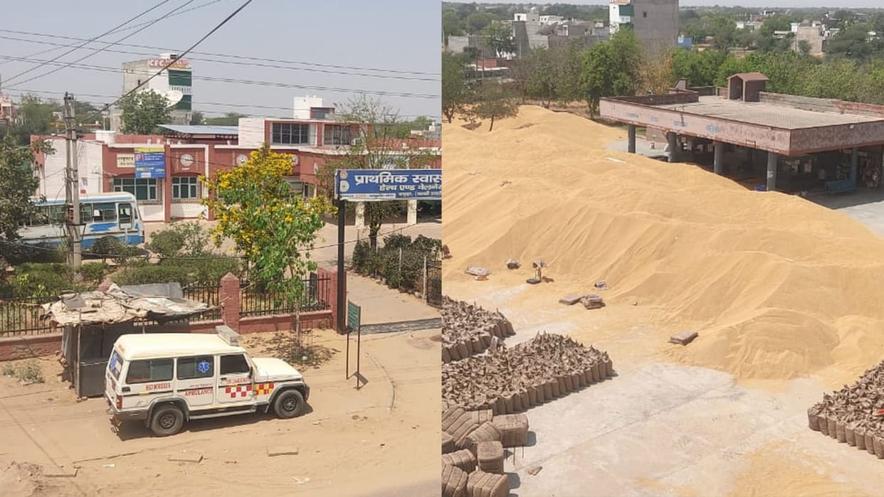Roadways buses in hospital, wheat at bus stand and ambulance outside