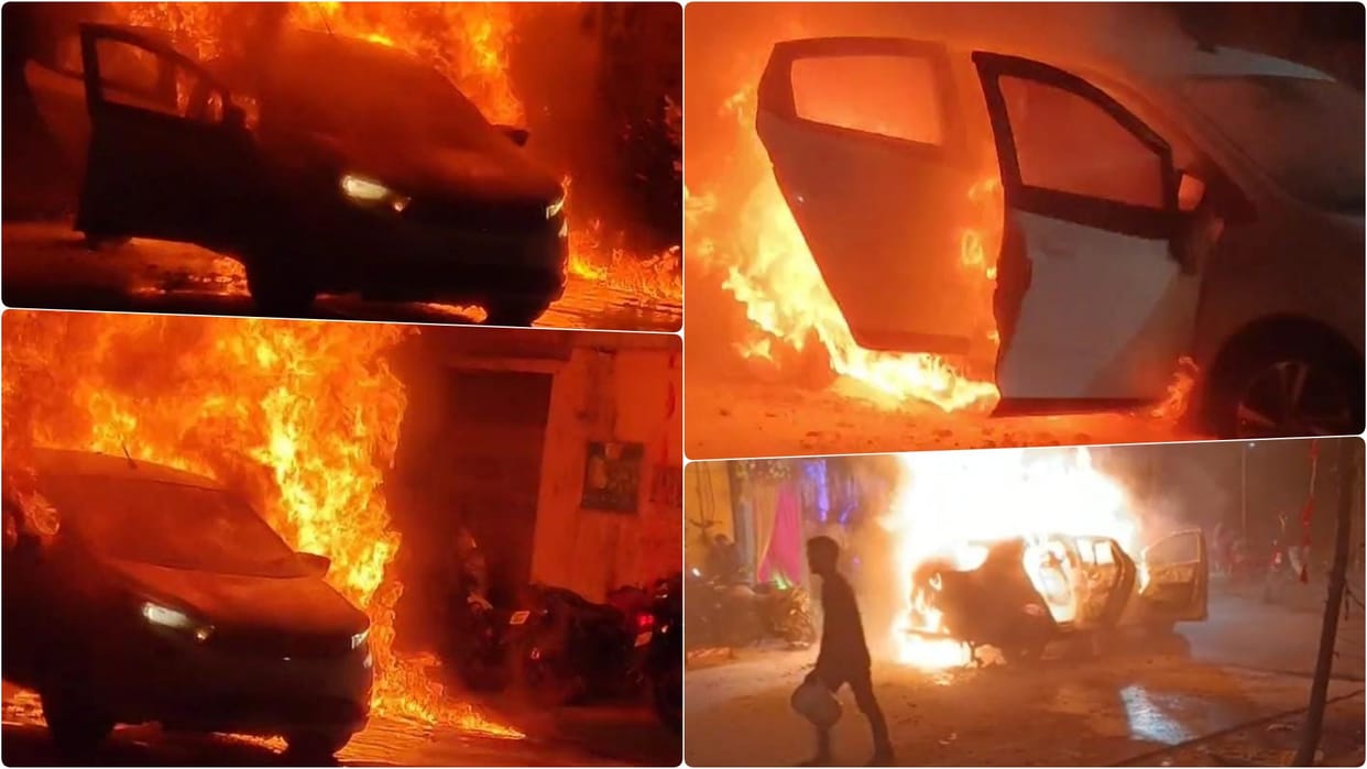 Bihar: Car suddenly burst into flames in Muzaffarpur, people sitting inside ran to save their lives