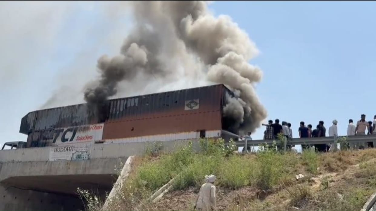 Haryana: Container caught fire at KMP in Sonipat