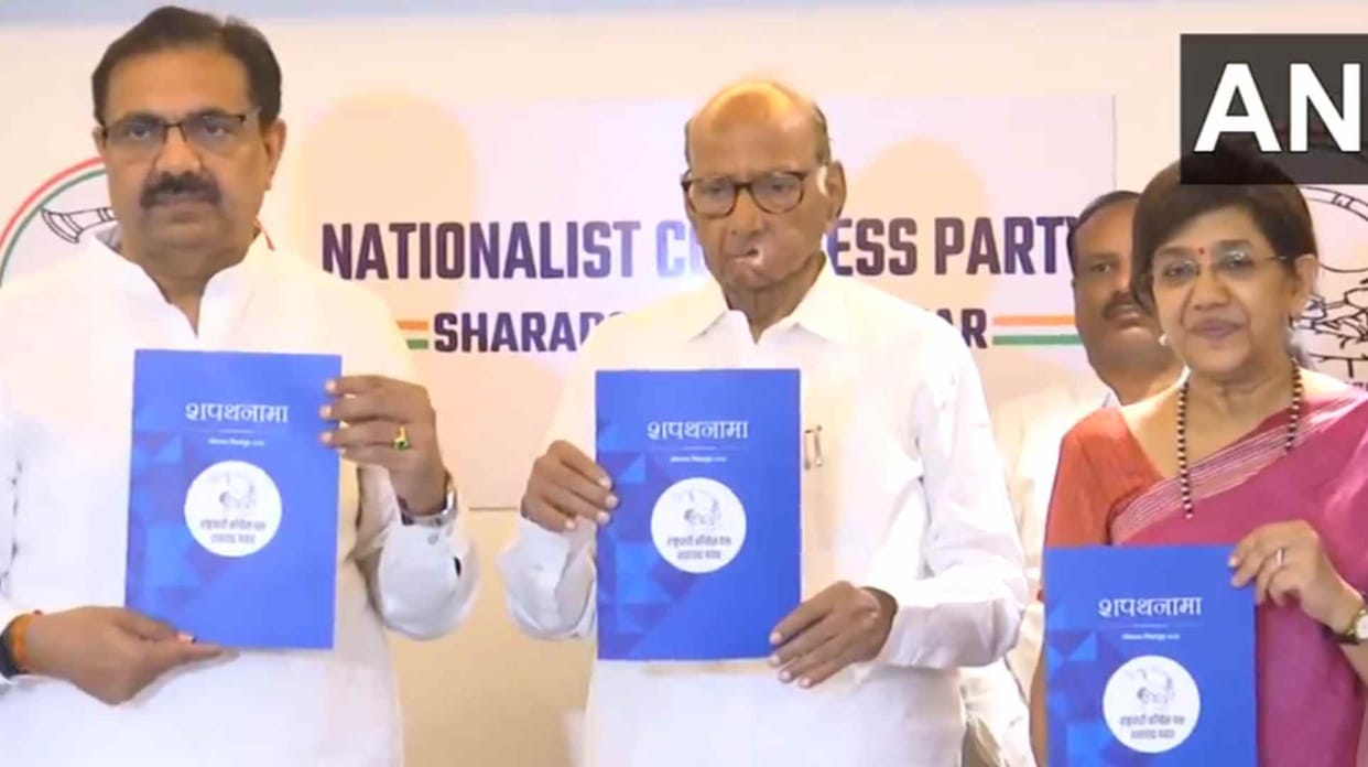 NCP-SCP chief Sharad Pawar releases party's manifesto for Lok Sabha elections.