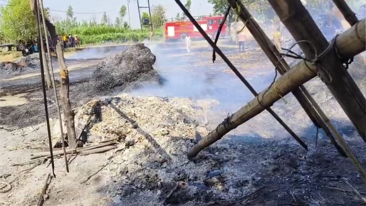 crusher and bitumen caught fire due to spark from high tension wires In Muzaffarnagar