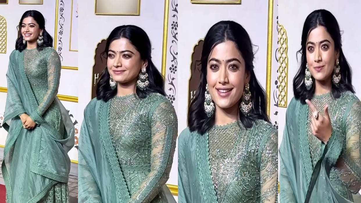 Pushpa 2 Srivalli aka Rashmika Mandanna jade green anarkali look newly bride wed look on Heeramandi Screening