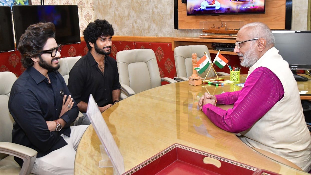 Hanuman movie actor Teja Sajja director Prashant met Telangana Governor CP Radhakrishnan gifted Hanuman idol