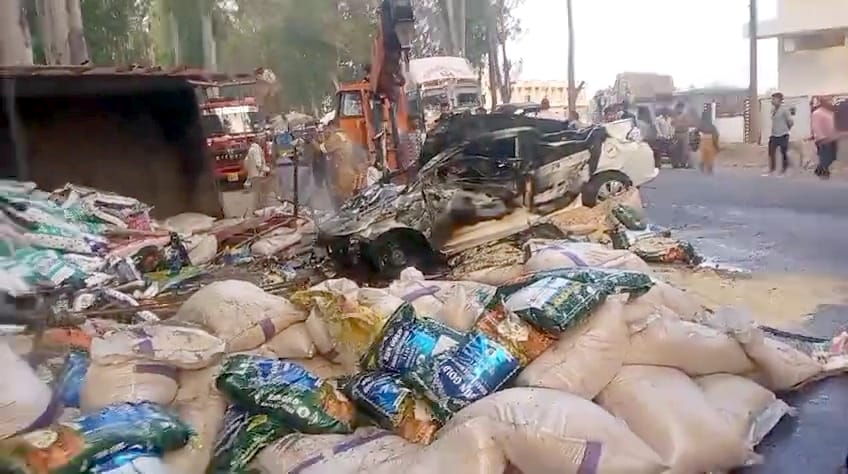 Truck overturns on car on Meerut Pauri National Highway near Bijnor and a person dies due to fire