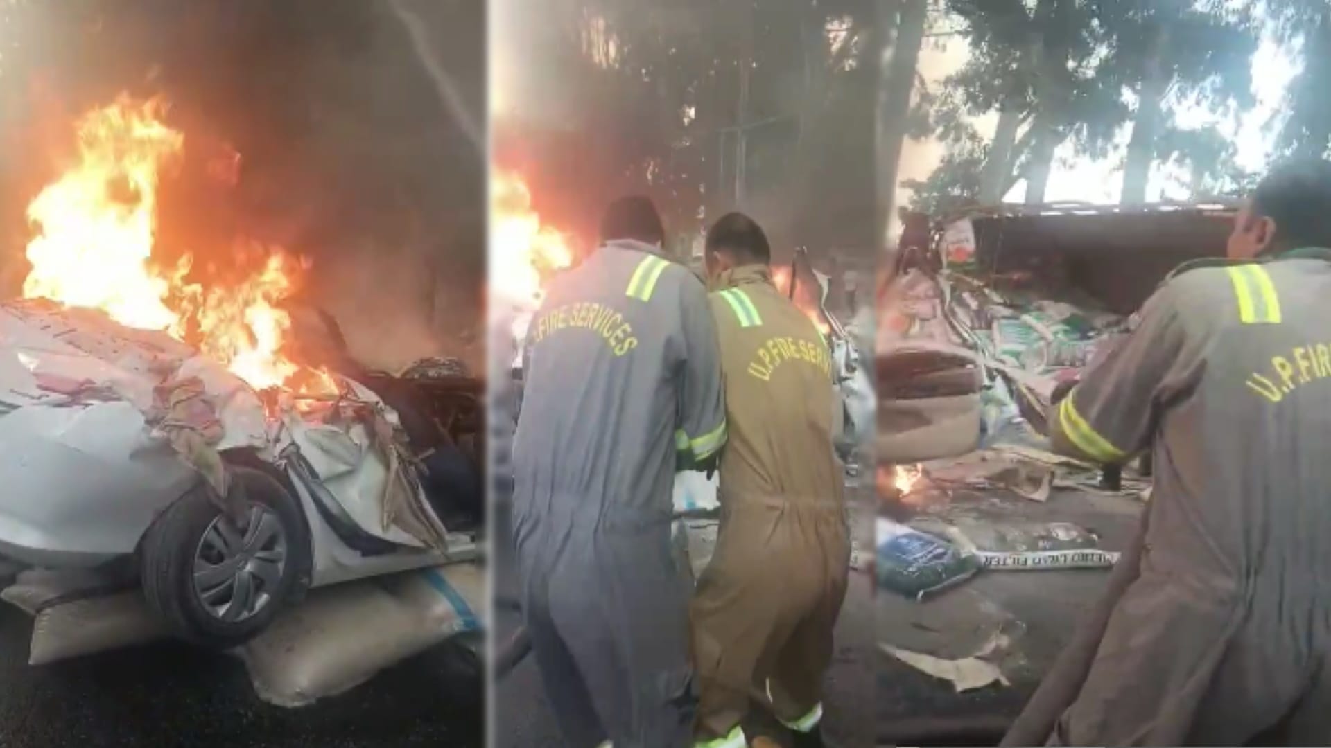 Truck overturns on car on Meerut Pauri National Highway near Bijnor and a person dies due to fire