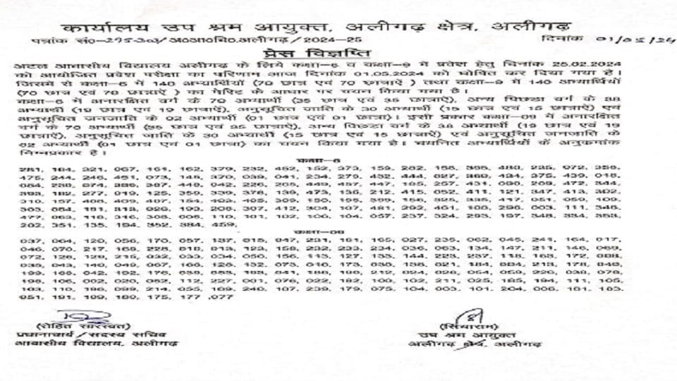 Result of entrance examination of Atal Awasiya Vidyalaya class 6 and 9 declared