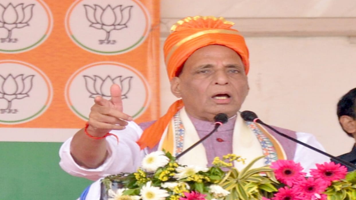 Rajnath Singh targets Congress and SP in Badaun Rally