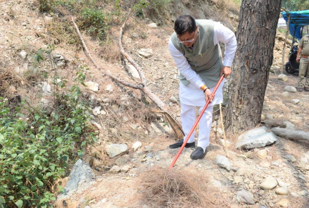 Uttarakhand Forest Fire: CM Dhami Reached on Ground Zero in Rudraprayag collect Pirul Leaf Photos