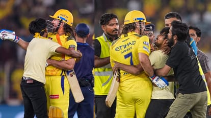 a fan breached security to meet ms dhoni between GT vs CSK match in ipl 2024 video goes viral
