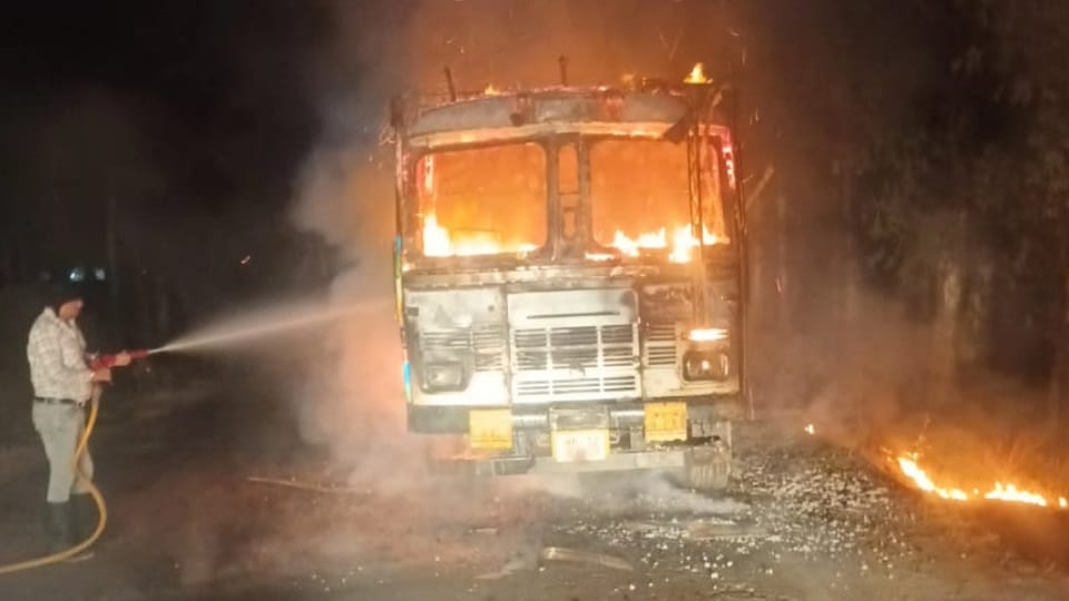 Truck catches fire on Saha-Panchkula National Highway in Ambala