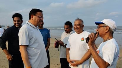 CM Dhami went on morning walk on Juhu beach Mumbai played cricket with children people took selfies