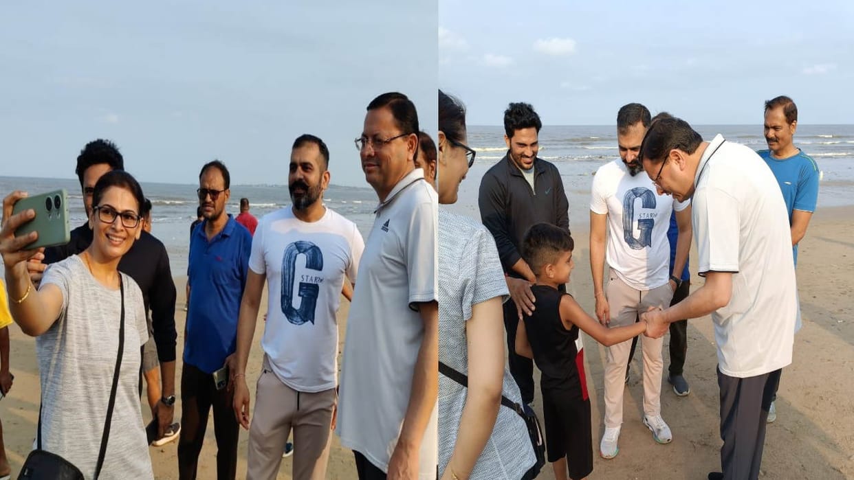 CM Dhami went on morning walk on Juhu beach Mumbai played cricket with children people took selfies