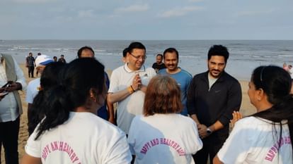 CM Dhami went on morning walk on Juhu beach Mumbai played cricket with children people took selfies
