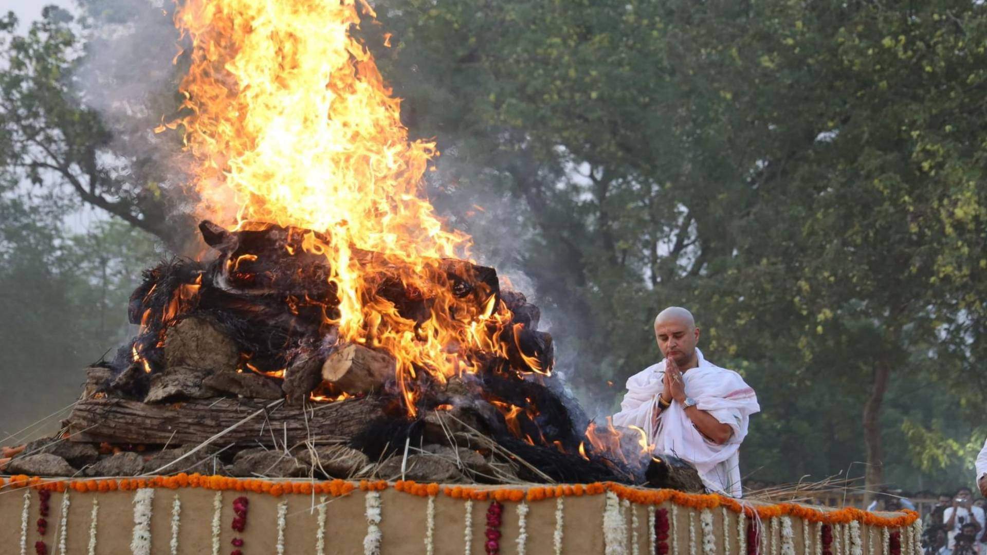 Madhavi Raje Scindia funeral Jyotiraditya Scindia bids last farewell to Madhavi Raje by shaving his head Photo