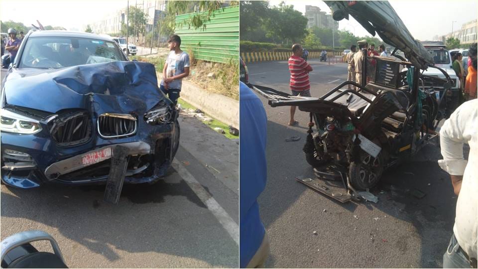 Big Road Accident in noida BMW Car Hits E Rickshaw many died