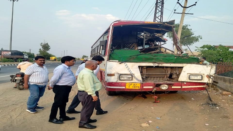 Aligarh depot bus collides with truck in Bharatpur