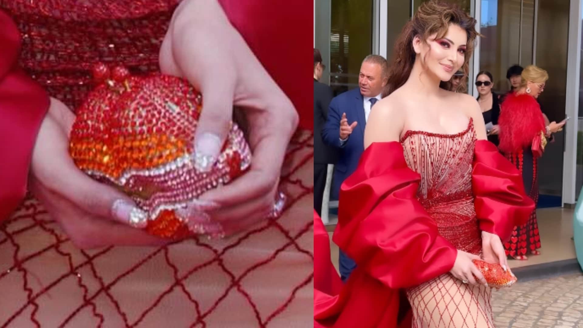 Cannes 2024 urvashi rautela at cannes film festival price of urvashi lip crystal clutch