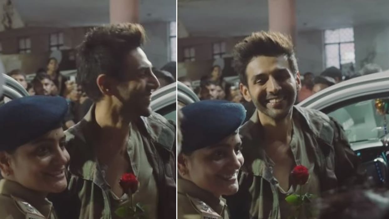 Chandu Champion Kartik Aaryan Blushes He Gets Welcome By Rose with A Woman Police Officer film Trailer Launch