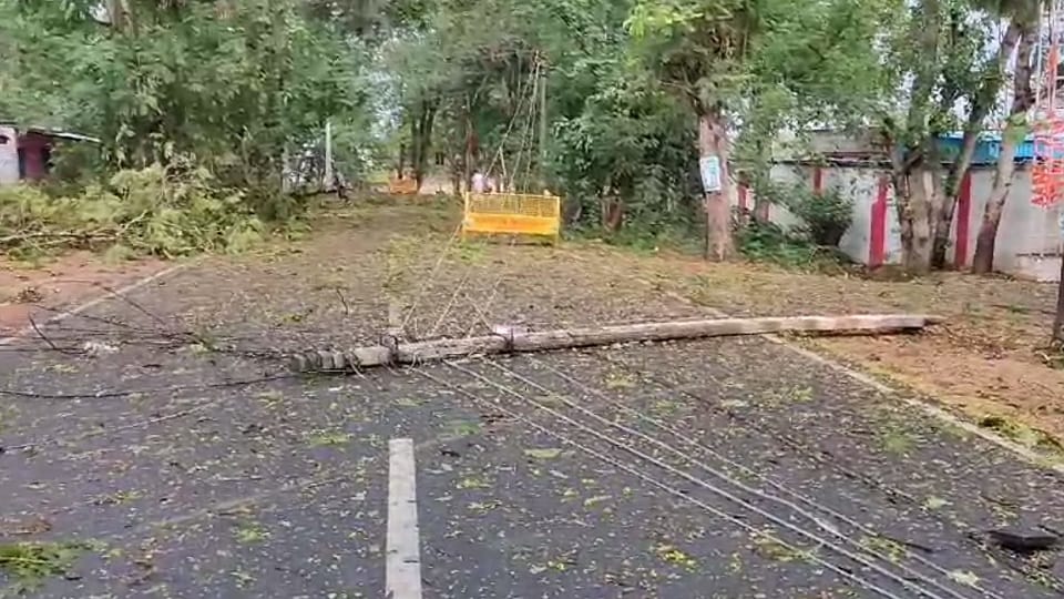 तेज आंधी से बिजली का पोल गिरा