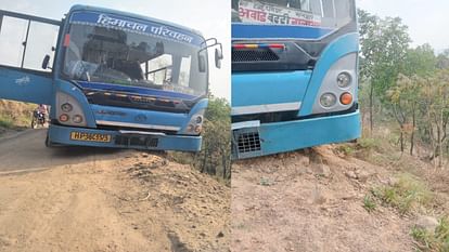 HRTC bus hanging from one side of the road, major accident averted