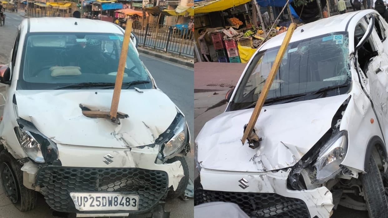Car collides with divider while trying to save stray animals four people injured in Bareilly