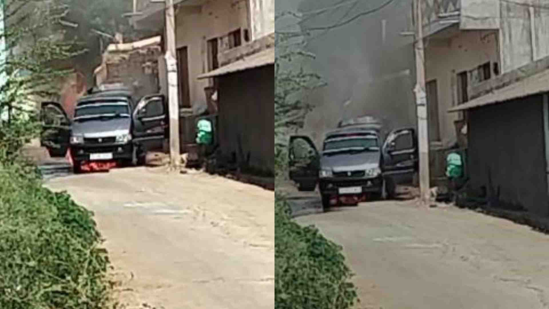 खड़ी कार में लगी आग।