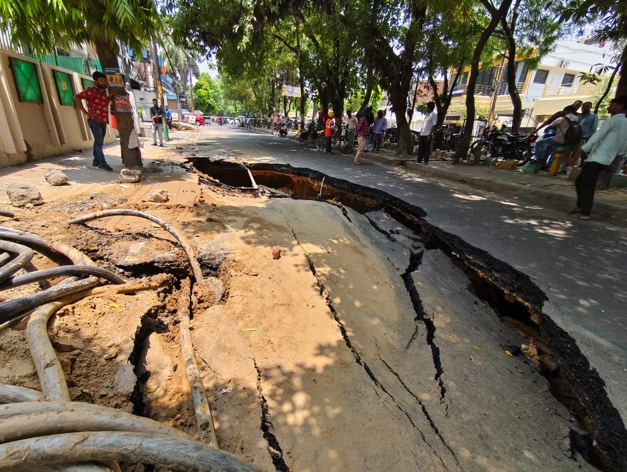 A road caved in in Gomati Nagar Lucknow.