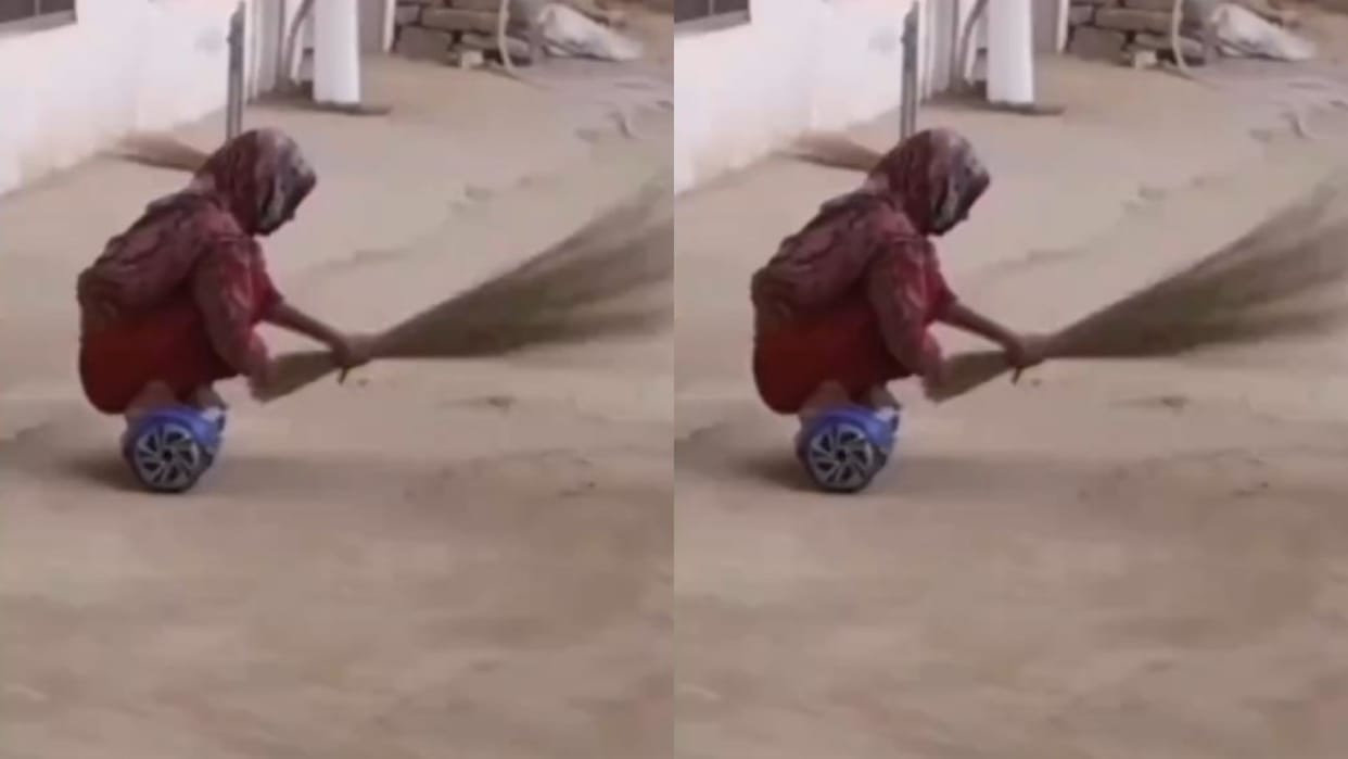 woman used hoverboard to sweep outside house video viral on social media