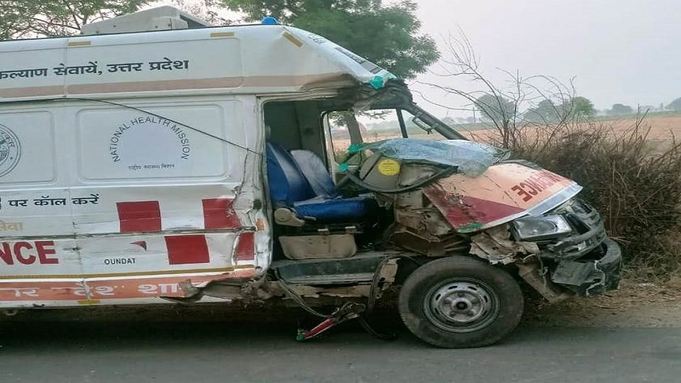 Tractor trolley collides with ambulance going to pick up patient