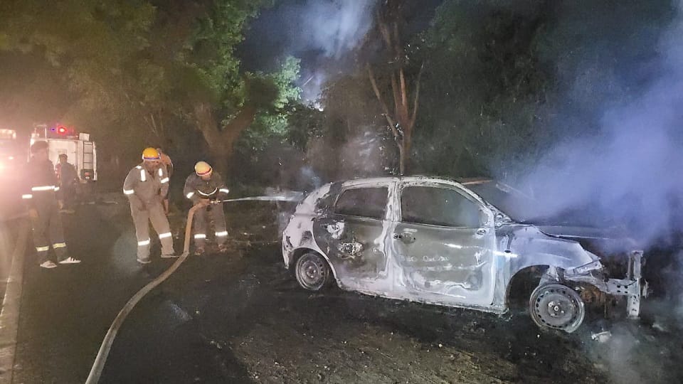 Car catches fire after hitting tree, driver injured