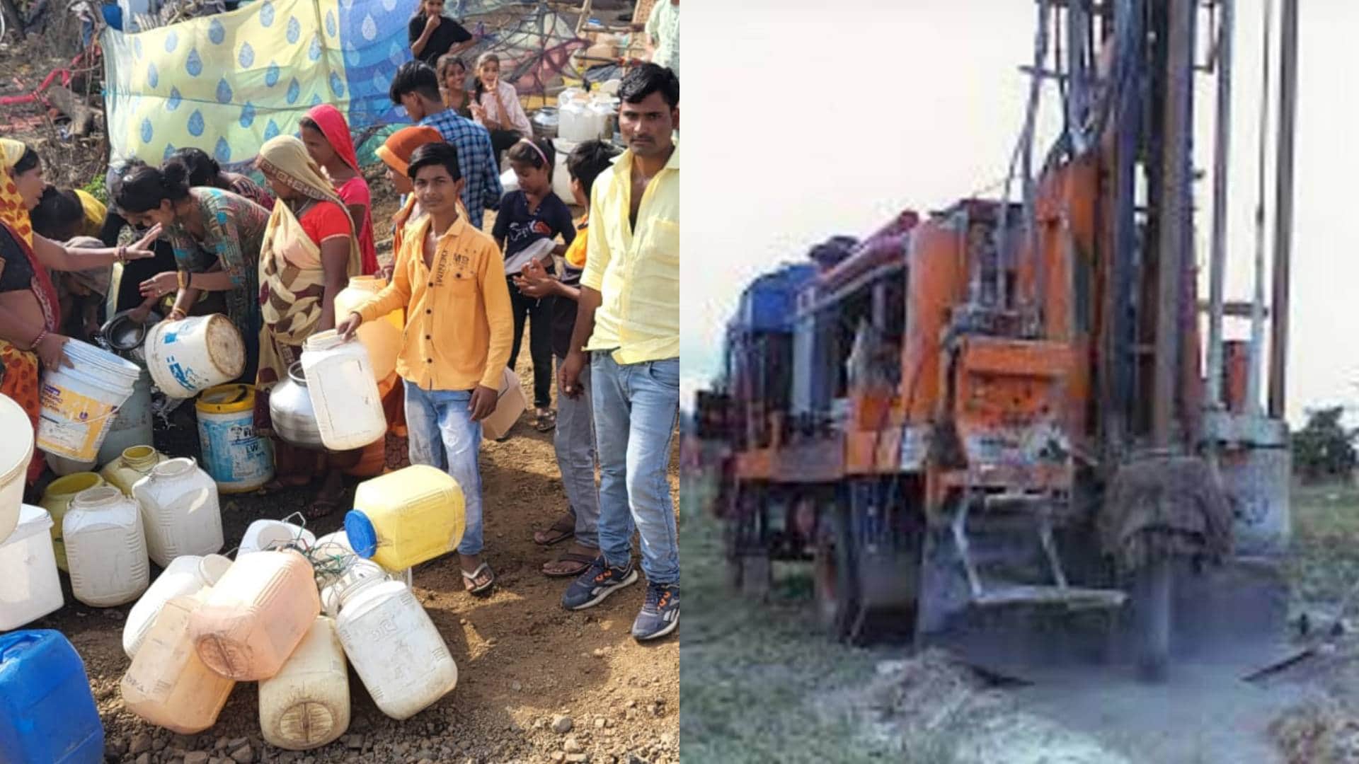पानी के लिए इंतजार करते हुए लोग और नलकूप खनन का कार्य जारी
