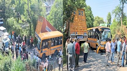 road accident: Private school bus and truck Trala collide in Jogindernagar, more than 20 students injured