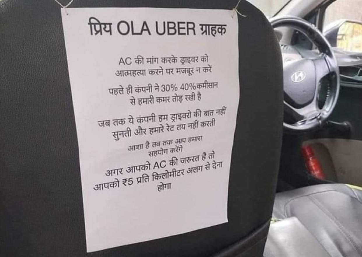 Cab driver’s note asks Ola, Uber passengers to pay extra for air-conditioned rides Claims report