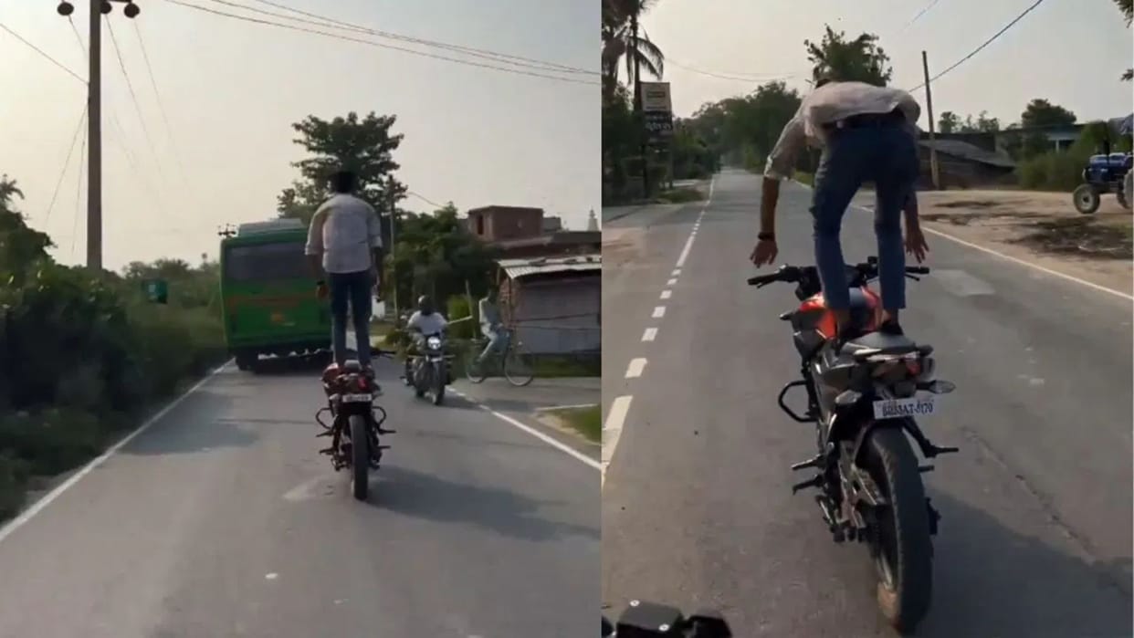 Boy shows dangerous bike stunt on road in bihar samastipur viral video
