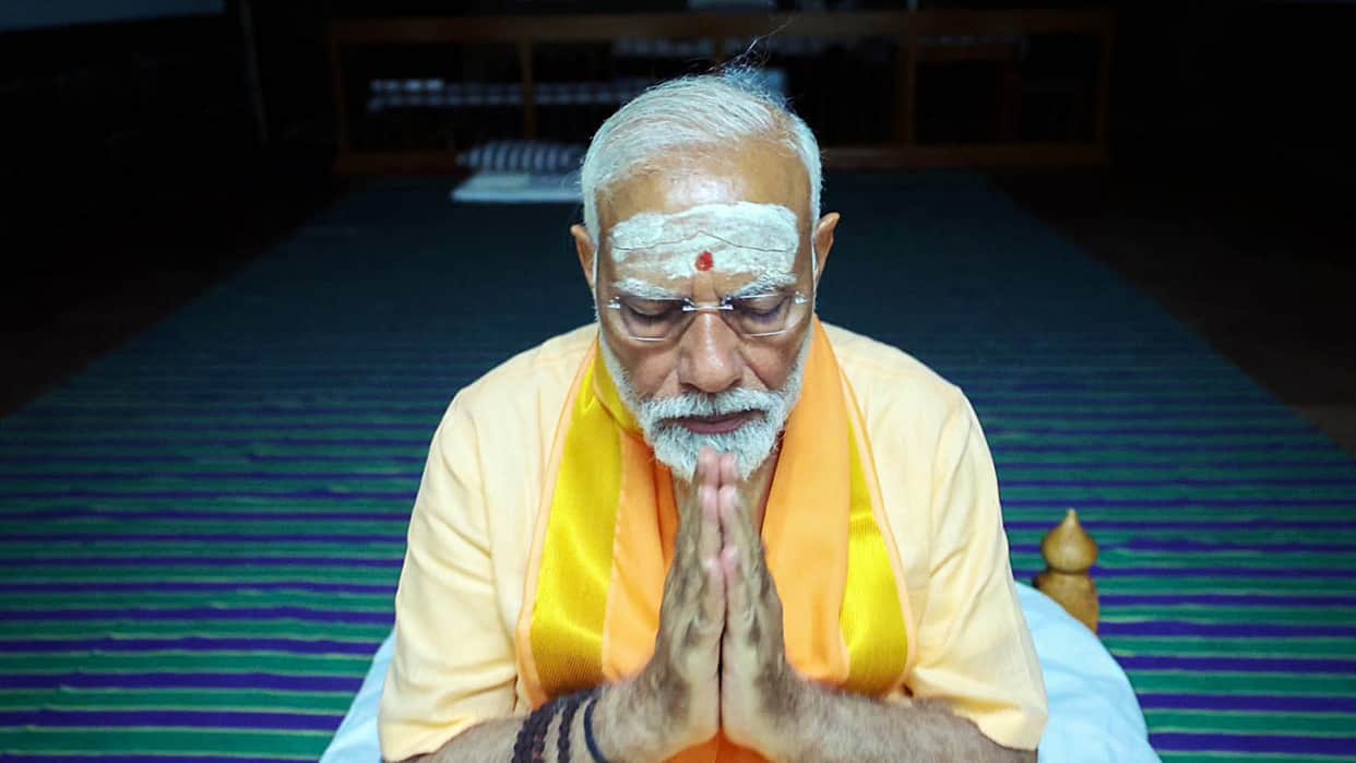 PM Narendra Modi meditates at the Vivekananda Rock Memorial in Kanyakumari