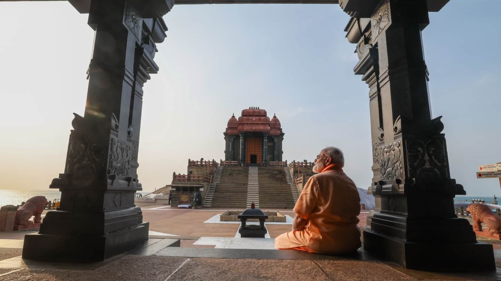 PM Narendra Modi meditates at the Vivekananda Rock Memorial in Kanyakumari
