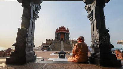 PM Narendra Modi meditates at the Vivekananda Rock Memorial in Kanyakumari