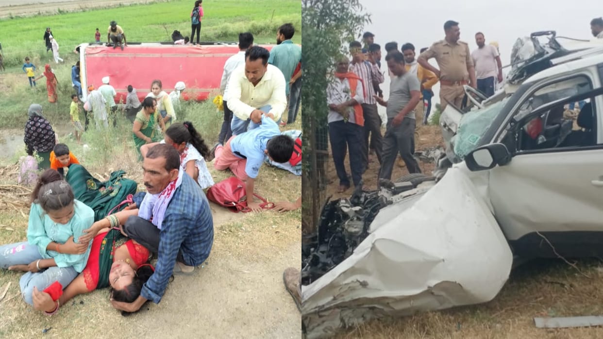 Bus overturns on Shahjahanpur road in Lakhimpur kheri